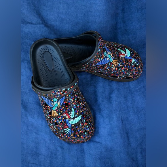 Black Jeweled Clog Slides with Colorful Hummingbird Embroidery - Picture 3 of 4